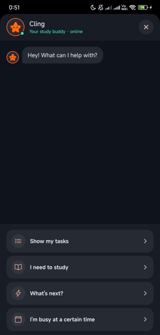 Chat with Cling offering quick replies