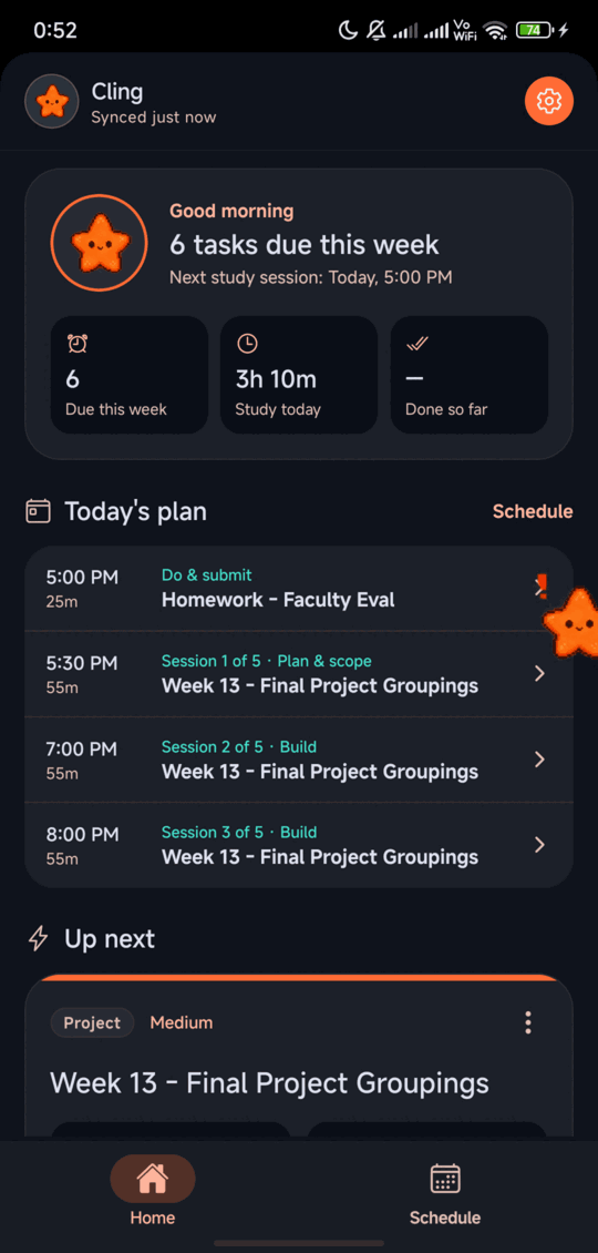 Home screen: the week at a glance, today's study sessions and the top-priority assignment