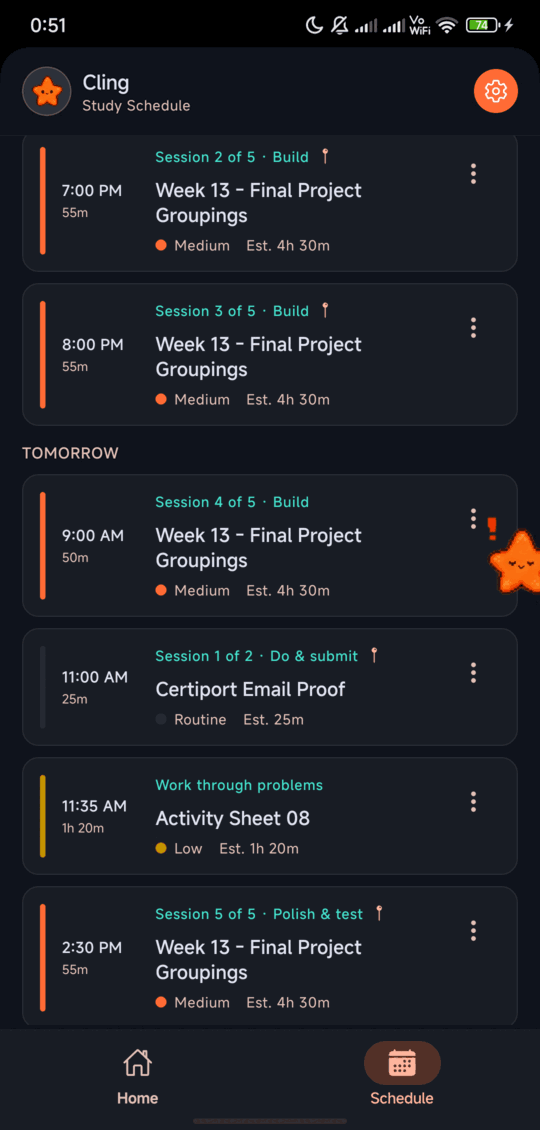 Schedule screen listing study sessions by day